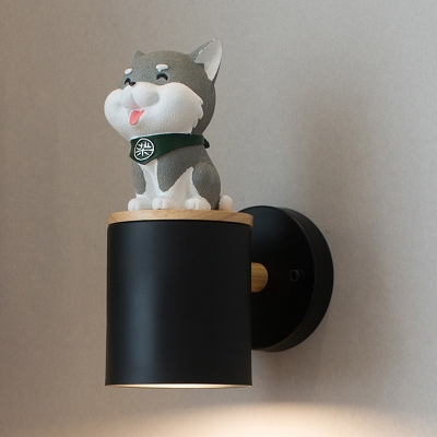 Black/White Cylinder Wall Light with Cartoon Dog Modern Metal Single Head Wall Mount Light for Kids