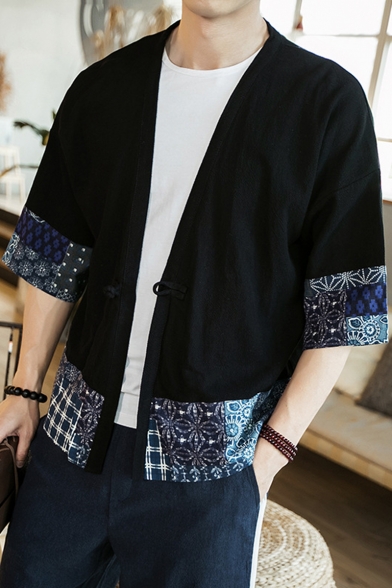 Men's Linen Retro Chinese Style Frog Button Tribal Printed Loose Shirt Cardigan Kimono