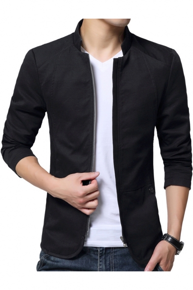Plain Stand Collar Long Sleeve Zip Closure Slim Cotton Wash Jacket for Men