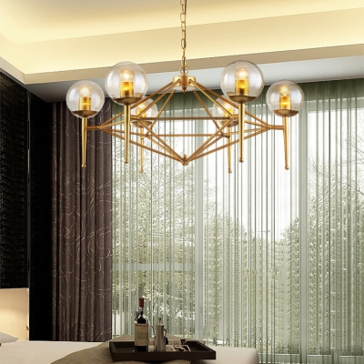 Handblown Glass Globe Chandelier Lighting Designer Style 6-Light Suspension Light in Satin Brass