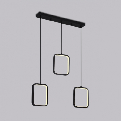 3 Lights Square Frame Hanging Light Metal Contemporary Pendant Light in Matte Black for Dining Room