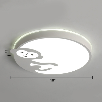 Kindergarten Circular Flush Light Fixture with Cute Monkey Simple Concise Acrylic LED Flushmount in White