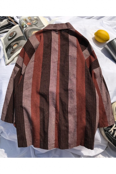 Retro Chinese Style Striped Pattern Pockets Drawstring Waist Three-Quarter Sleeves Loose Cardigan Kimono Shirt Coat