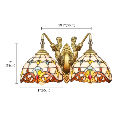 Stained Glass Bowl Sconce Lighting 2-Light Tiffany Wall Light in Antique Brass with Mermaid