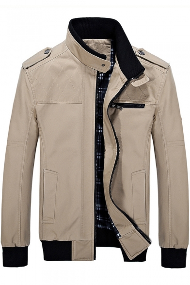 Fashion Band Collar Solid Epaulets Long Sleeve Cotton Wash Zip Up Jacket For Men