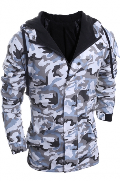 Men's New Stylish Military Camouflage Pattern Concealed Zipper Drawstring Hooded Jacket