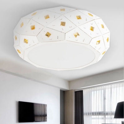 Modern Drum LED Flush Light with Crystal Decoration Bedroom Acrylic Energy Saving Ceiling Lamp in White