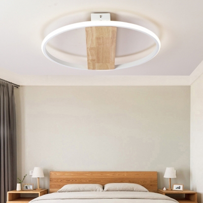 Wood Linear LED Ceiling Lamp with Halo Ring Minimalist Bedroom Flush Light Fixture in Second Gear