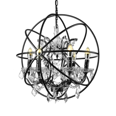 Globe Chandelier with Candles Antique Style 6 Lights Crystal Pendant Light in Rust for Foyer