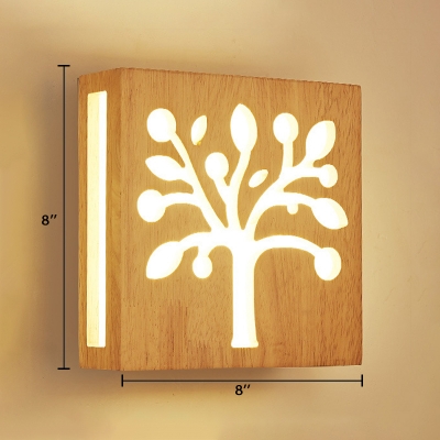 Nordic Style Square Wall Light with Tree Design Staircase Hallway Wooden LED Sconce Lighting