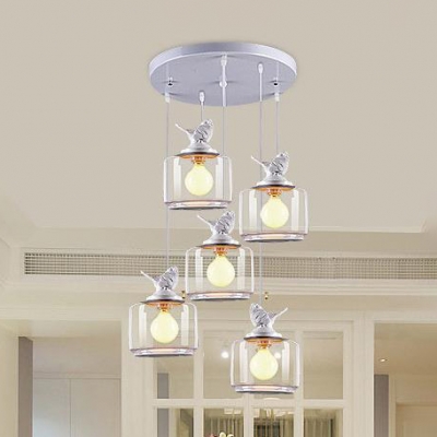3/5 Lights Drum Suspension Light with Bird Decoration Living Room Clear Glass Ceiling Pendant Light in White