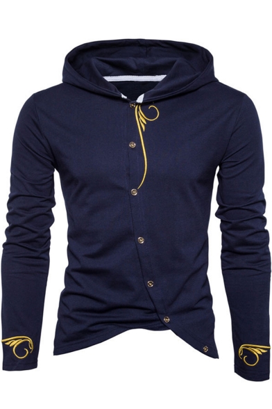 Men's Goldwork Embroidered Button Asymmetric Hem Hoodies Jacket