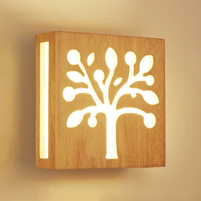 Nordic Style Square Wall Light with Tree Design Staircase Hallway Wooden LED Sconce Lighting