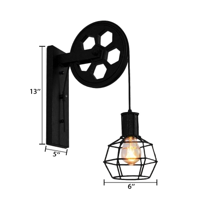 Black Metal Cage Wall Light with Pulley 1 Light Industrial Wall Mount Light for Kitchen