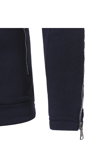 Casual Plain Double Zip Closure Long Sleeve Notched Lapel Collar Slim Sweatshirt Jacket