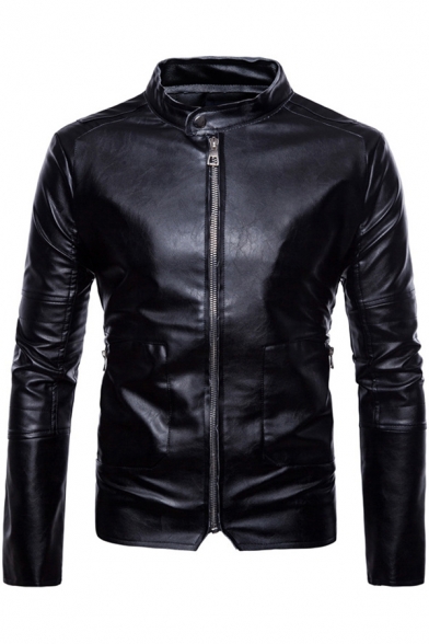 Cool Simple Black Long Sleeve Band Collar Zip Up Leather Jackets
