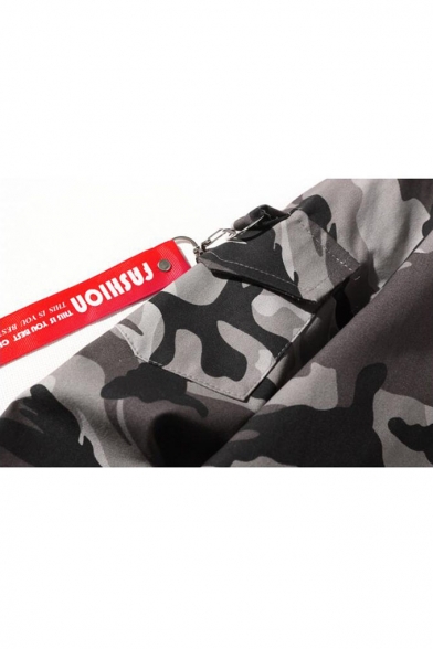 Men's Casual Letter Camouflage Print Long Sleeve Fishtail Hem Zip Closure Hooded Jacket