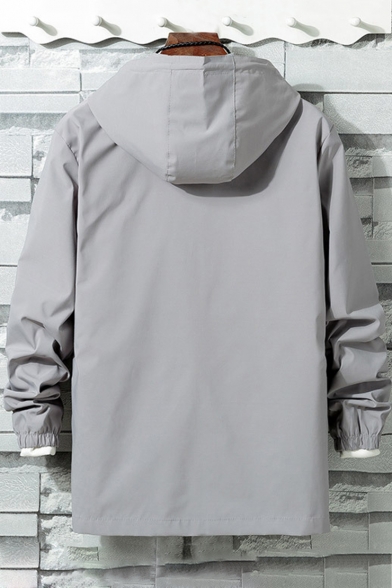 Simple Long Sleeve Plain Zip Up Drawstring Hooded Men's Loose TRack Jacket