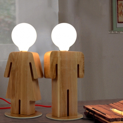 Single Light Bare Bulb Table Lamp with Boy/Girl Wooden Base Children Room Standing Desk Light