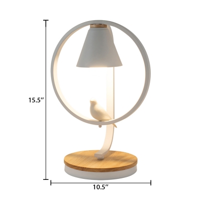 White Conical Table Lamp Metallic Single Head Standing Table Light with Bird Decoration for Baby Kids Room