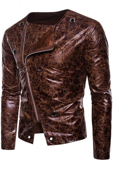 Fashion Long Sleeve Collarless Oblique Zipper Metal Ring Embellished Cropped Men's Leather Jacket