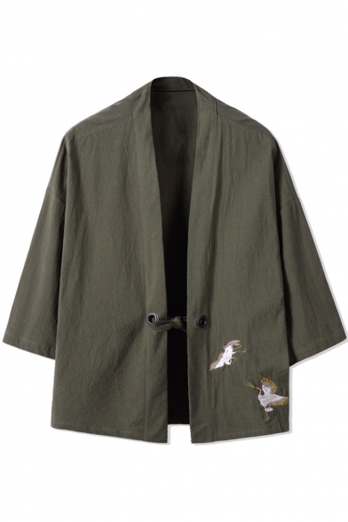 Retro Three-Quarter Sleeves Tied Waist Embroidered Crane Print Cardigan Kimono for Men