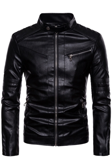 Trendy Stand Collar Long Sleeve Black Zip Placket Men's PU Moto Jacket