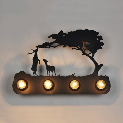 4 Lights Linear Wall Sconce with Animal Design Lodge Style Coffee Shop Metal Wall Light in Black