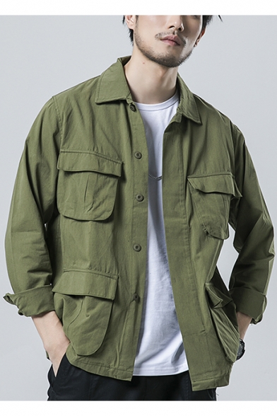 Men's Retro Army Green Multi Pockets Long Sleeve Casual Button Closure Field Jacket