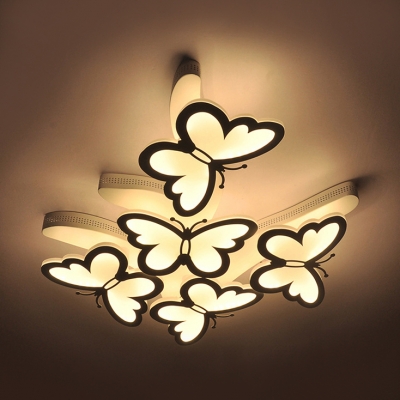 Nordic Style Butterfly LED Flush Light Decorative White Ceiling Fixture with Acrylic Shade for Nursing Room