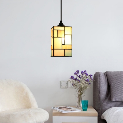Stained Glass Square Pendant Light Mission Style 1 Light Hanging Ceiling Lamp in Black Finish