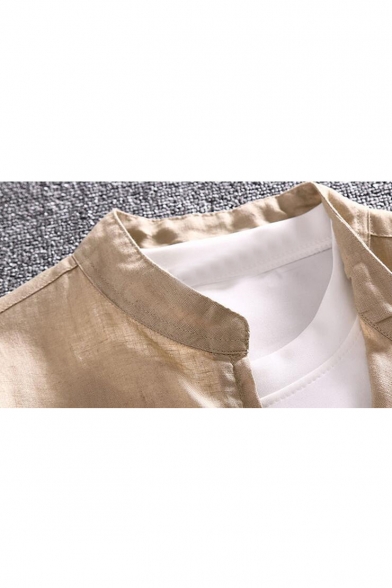 Men's Casual Long Sleeve Stand Collar Drawstring Hem Loose Breathable Plain Linen Jacket