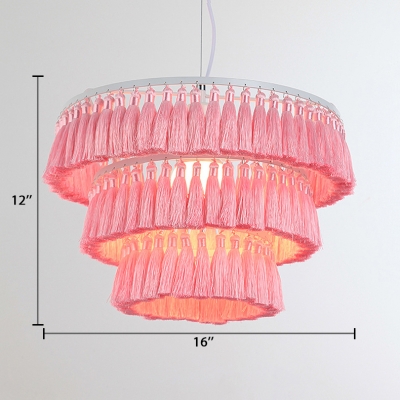 Multi Tiers 1 Light Hanging Light with Pink/White Tassels Metal Hanging Ceiling Lamp for Living Room