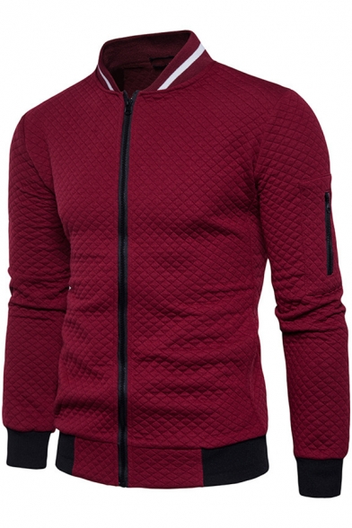 Popular Solid Stand Collar Men's Diamond Plaid Zipper Leisure Sweatshirt Coat