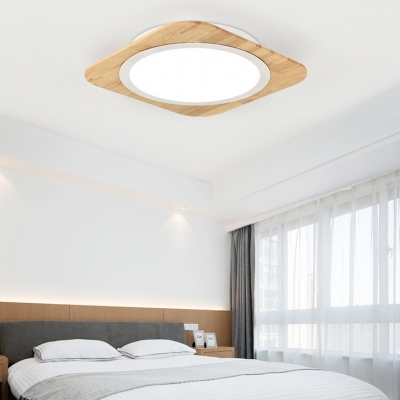 Wooden Oblong LED Flush Mount Boys Girls Bedroom Energy Saving Flush Light Fixture in Warm/White