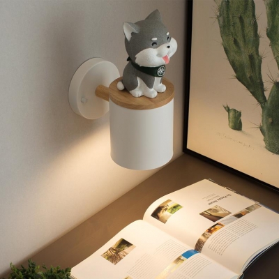 Black/White Cylinder Wall Light with Cartoon Dog Modern Metal Single Head Wall Mount Light for Kids