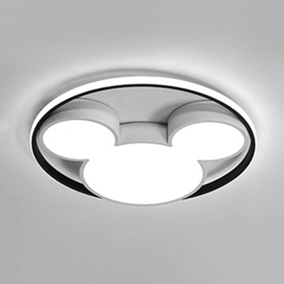 Lovely Cartoon Mouse Lighting Fixture with Halo Ring Kindergarten LED Flushmount with Acrylic Shade in Black/White