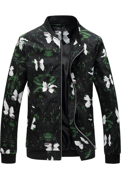 Men's Stylish Floral Printed Stand Collar Zipper Front Long Sleeve Fitted Jacket