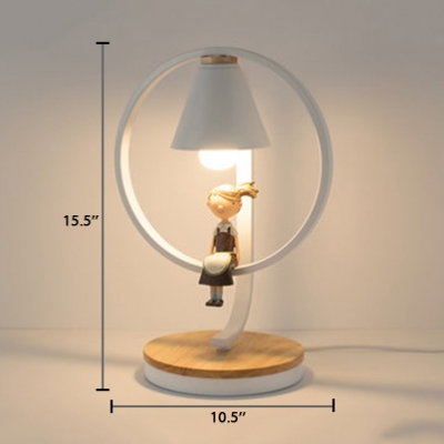 Metallic Cone Table Light with Little Girl Modern Fashion Study Room Bedside 1 Light Table Lamp in White