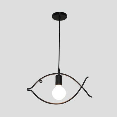 Bare Bulb Pendant Lamp with Fish Shape Metal Frame Simple Kindergarten 1 Head Hanging Lamp in Black