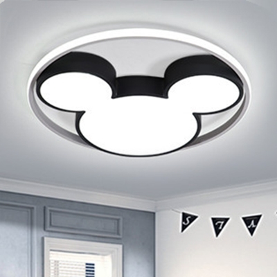 Lovely Cartoon Mouse Lighting Fixture with Halo Ring Kindergarten LED Flushmount with Acrylic Shade in Black/White