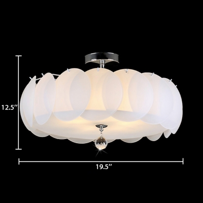 4/5 Lights Drum Semi Flush Mount Lighting Contemporary Style Milk Glass Ceiling Light with Clear Crystal Decoration