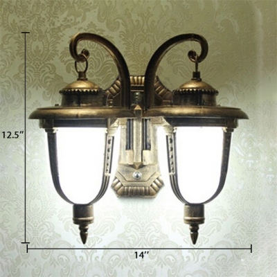 2 Lights Lantern Wall Lamp with White Glass Vintage Waterproof Wall Sconce for Patio in Antique Bronze
