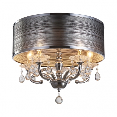 Drum Pendant Lighting with Clear Crystal Decoration Modern Style Gray Fabric Flush Light