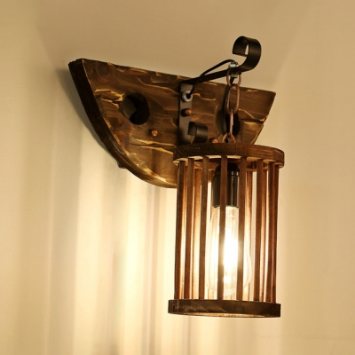 Brown Cage Hanging Lifting Single Light Antique Wood Sconce for Foyer