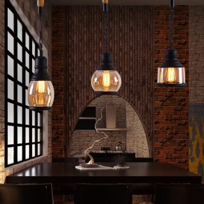 Industrial Black Pendant Light Single Light Metal and Glass Hanging Lamp for Kitchen