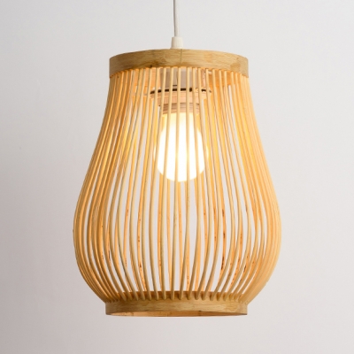 Asian Gourd Pendant Lighting Single Light Woven Hanging Lamp in Beige for Patio