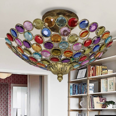 Bowl Restaurant Ceiling Light with Colorful Crystal 3/5 Bulbs Semi Flush Light in Bronze/Brass/White