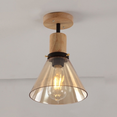 Cone Semi Flush Light Single Light Amber Glass Industrial Ceiling Flush Light in Wood