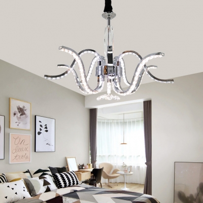 Contemporary Hanging Light Metal Pendant Lighting Fixture with Clear Crystal Bead in Silver for Bedroom